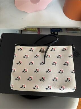 Coach Floral Print Crossbody Bag in Cream and Black with Pink Accents